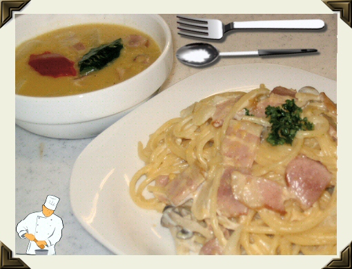 カルボナーラ&ベーコンとカブのコーンスープ